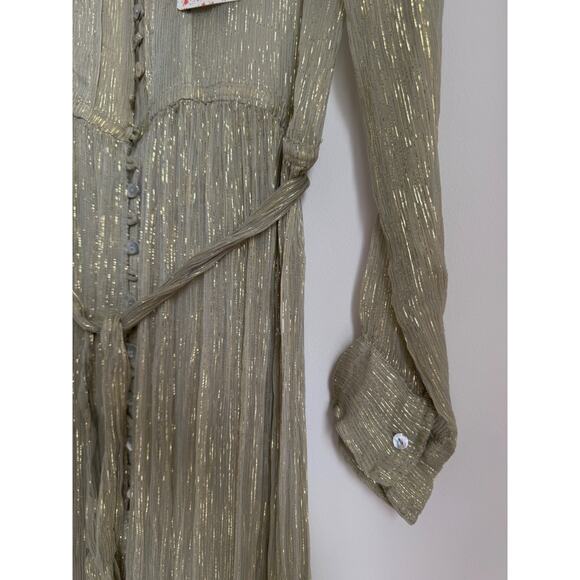 FREE PEOPLE ONE MAXI DRESS Long Sleeve Sage Sheer Glitter Crinkle - Picture 4 of 15